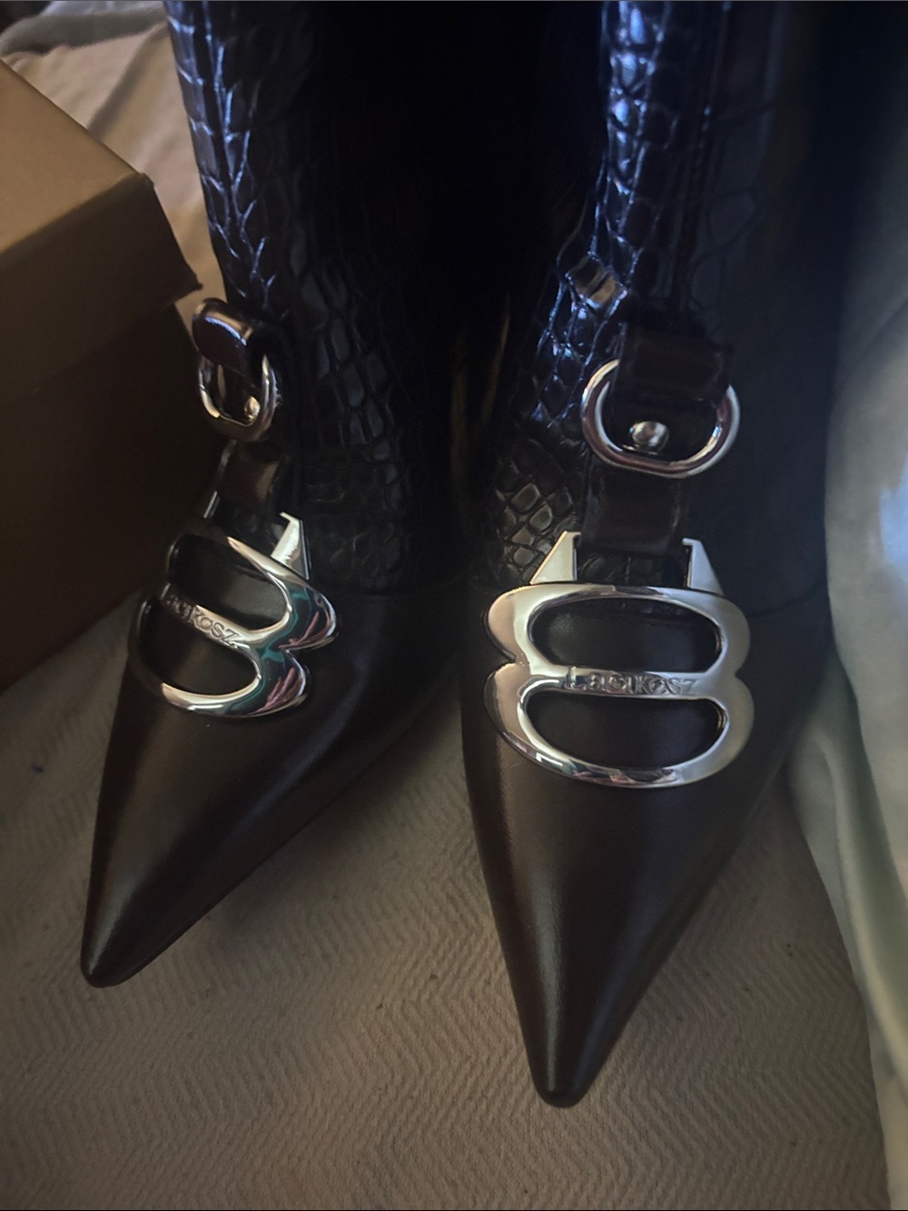 Pointed Black Over-the-Knee Boots with Buckle Accents